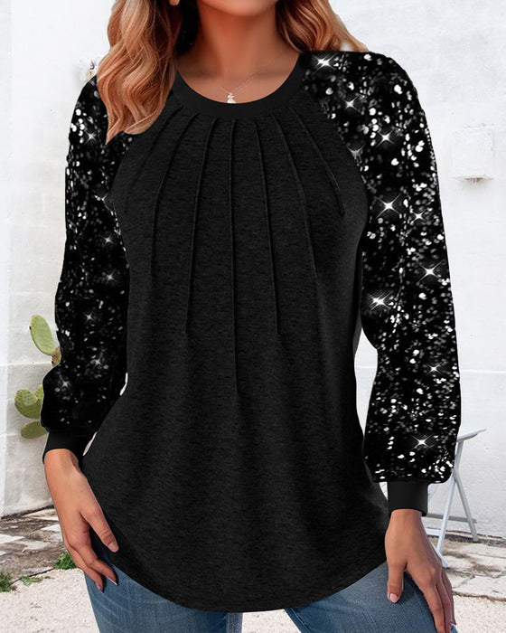Lantern sleeve pleated sequined long sleeve top