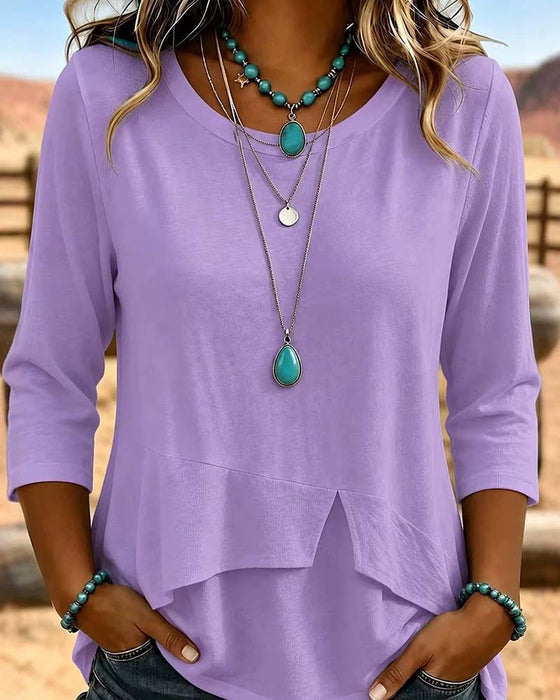 Crew Neck Patchwork Asymmetric Hem Top