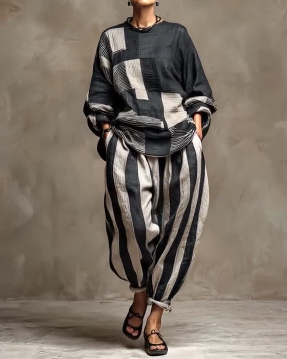 Casual Striped Round Neck Two-Piece Set