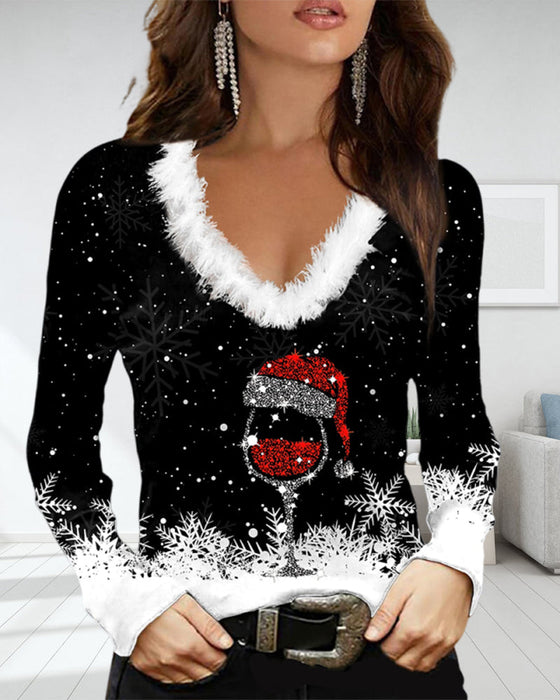 Printed V neck Long Sleeve Top