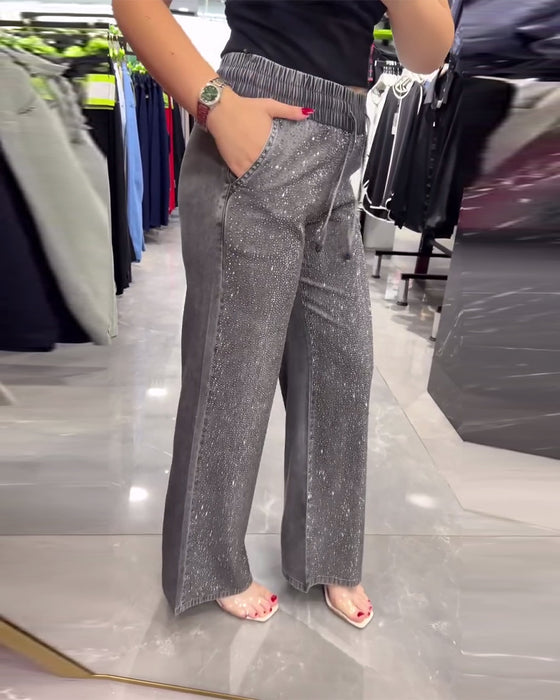 Casual solid color pocket elastic waist pants