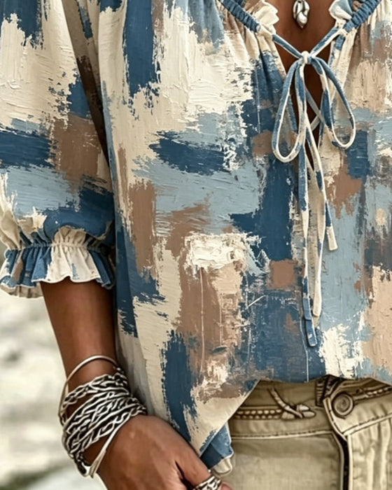 Casual Printed V-Neck Blouse