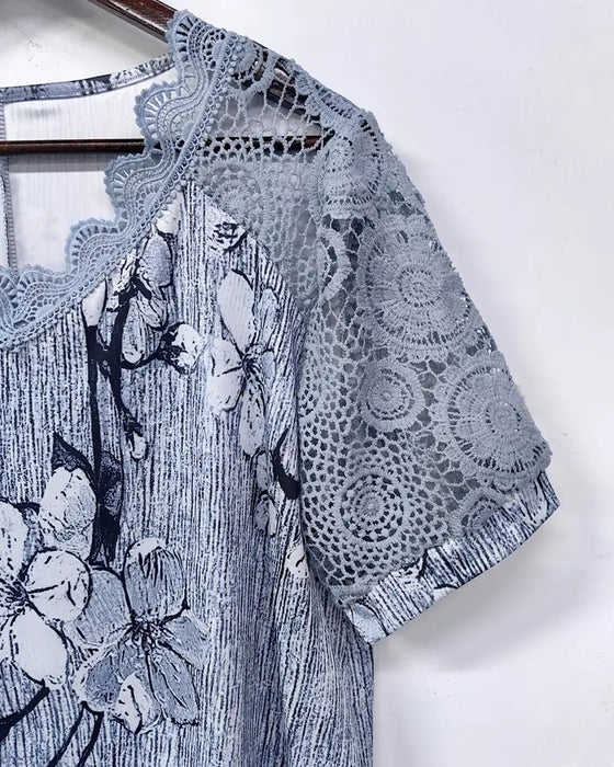 Lace Crochet Patchwork Printed T-shirt