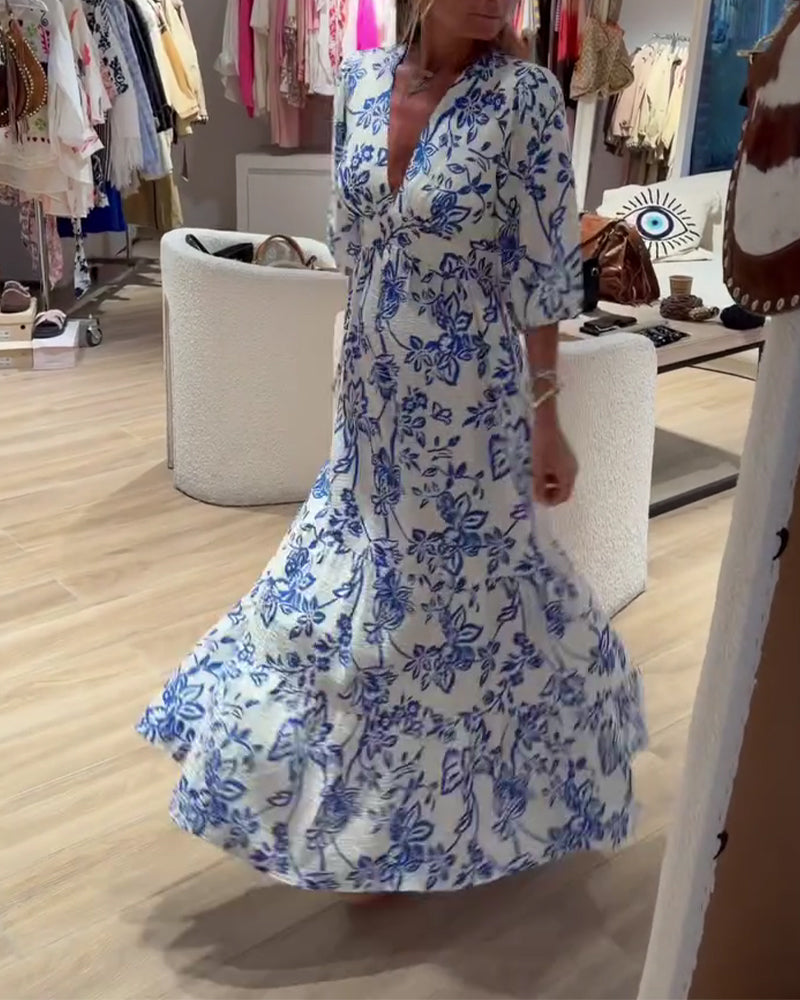Deep V-Neck Elegant Floral Long Dress