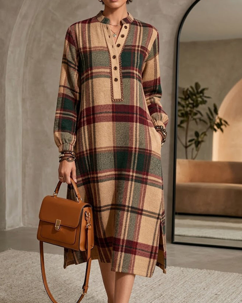 V-Neck Buttoned Plaid Slit Dress