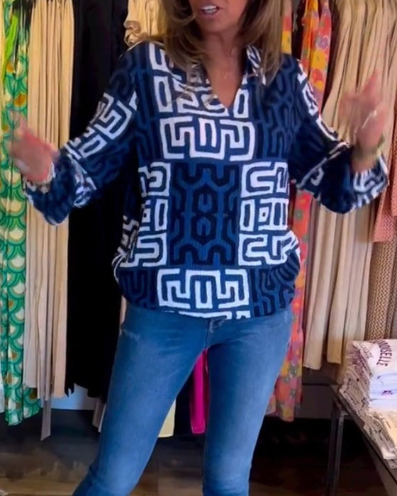 Long Sleeve V Neck Printed Top