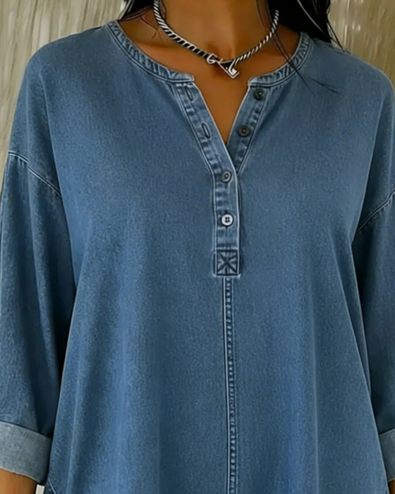 Button-Down V-Neck Denim Top