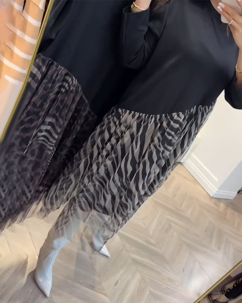 Round Neck Patchwork Mesh Print Dress