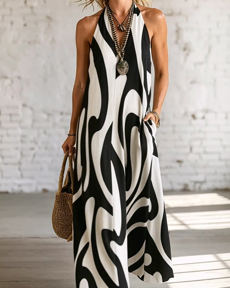 V-Neck Sleeveless Geometric Pattern Dress