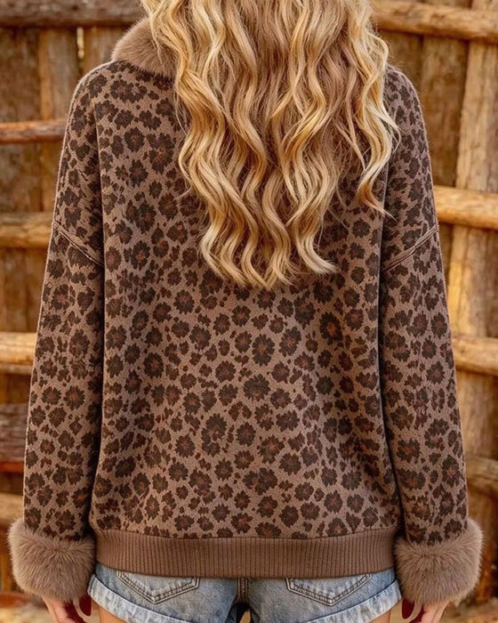Lapel Buttoned Leopard Print Long-Sleeved Sweatshirt