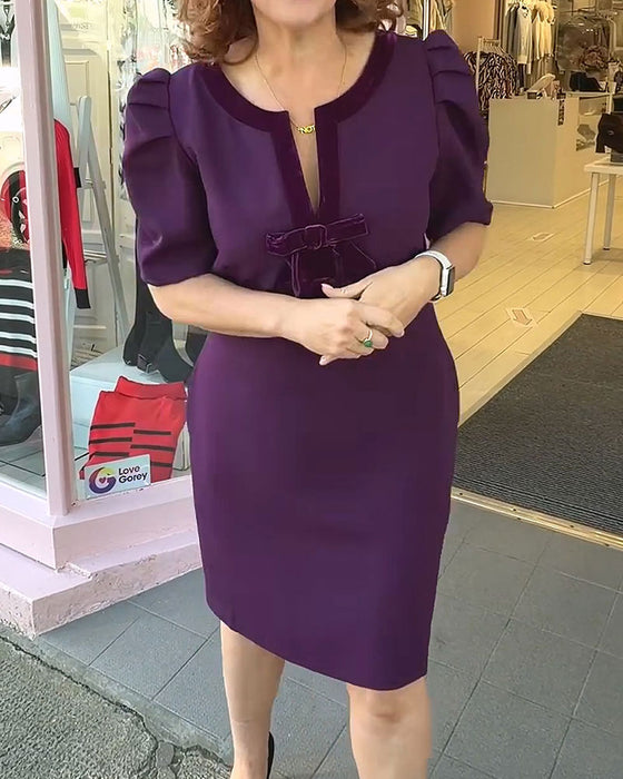 Puff Sleeve Bow Velvet Patchwork Dress