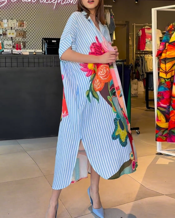 Vertical striped character print lapel slit blouse