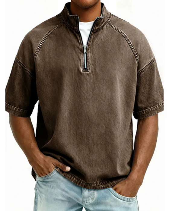 Washed Zip-Up Short Sleeve Shirt