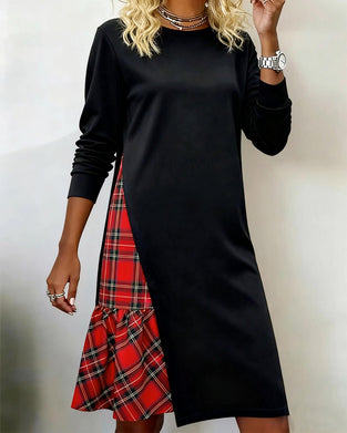 Long-Sleeved Plaid Patchwork Dress