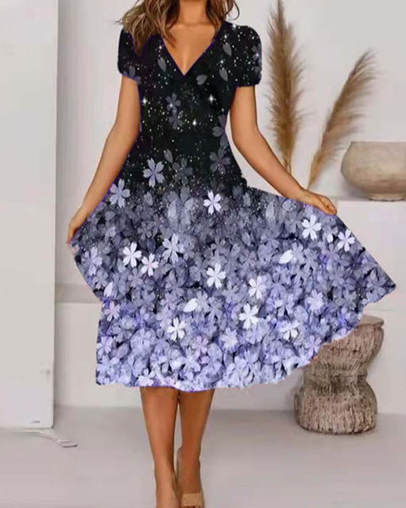 Short-Sleeved V-Neck Floral Dress