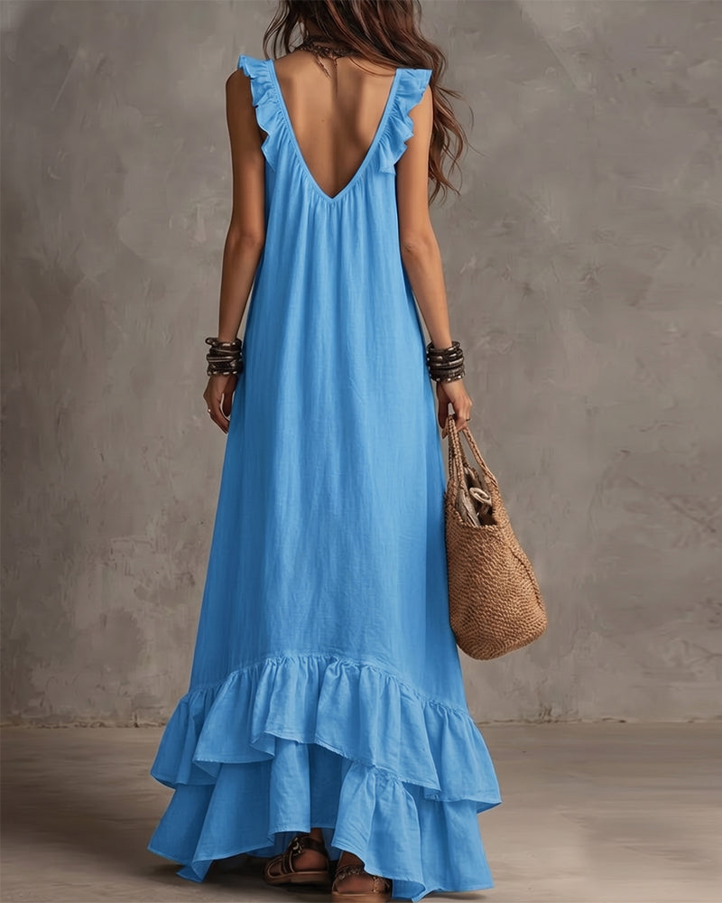 Deep V-Neck Vacation Flared Ruffle Maxi Dress