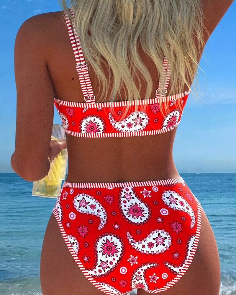 Cashew-Print Two-Piece Swimsuit With Shoulder Ties