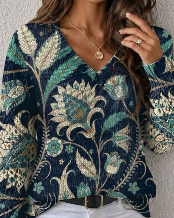V-Neck Long-Sleeve Floral Print Pullover