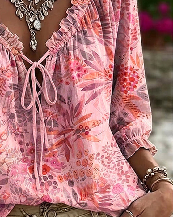 V-Neck Lace Up Blouse