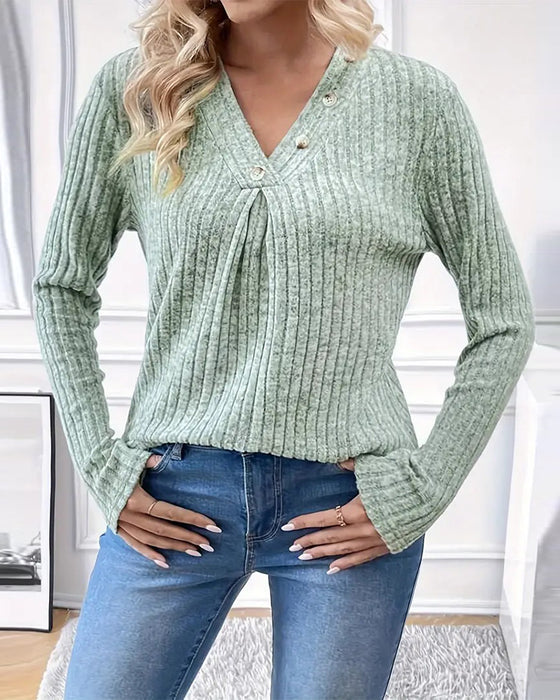 V-Neck Ribbed Long-Sleeve Top