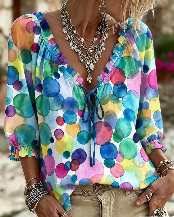 V-Neck Ruffle Sleeve Blouse