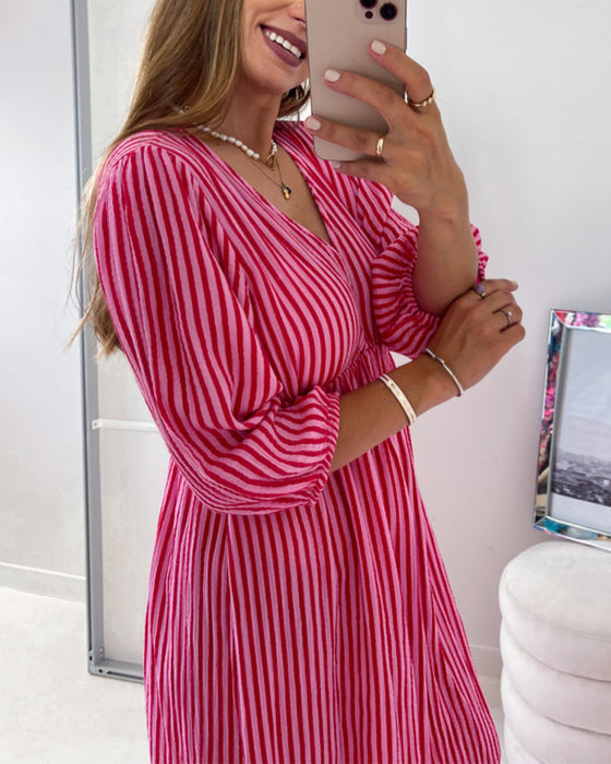 V-neck Lantern Sleeve Striped Dress