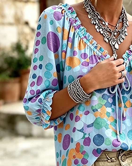 V-Neck Polka Dot Lace Up Blouse