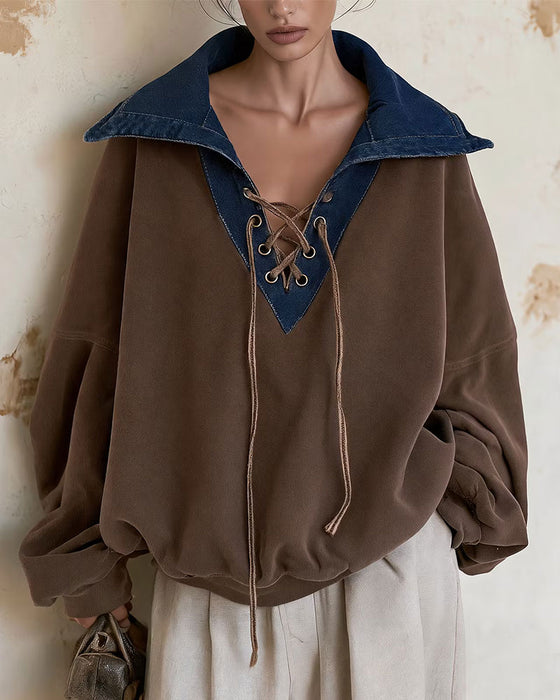 Lapel Denim Patchwork Loose Sweatshirt