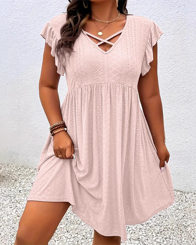 Solid Color Hollow-Out Lotus Leaf Sleeve Dress