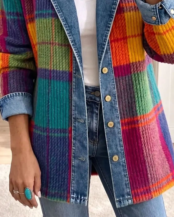 Lapel Collar Button Ribbed Color-Block Denim Patchwork Coat