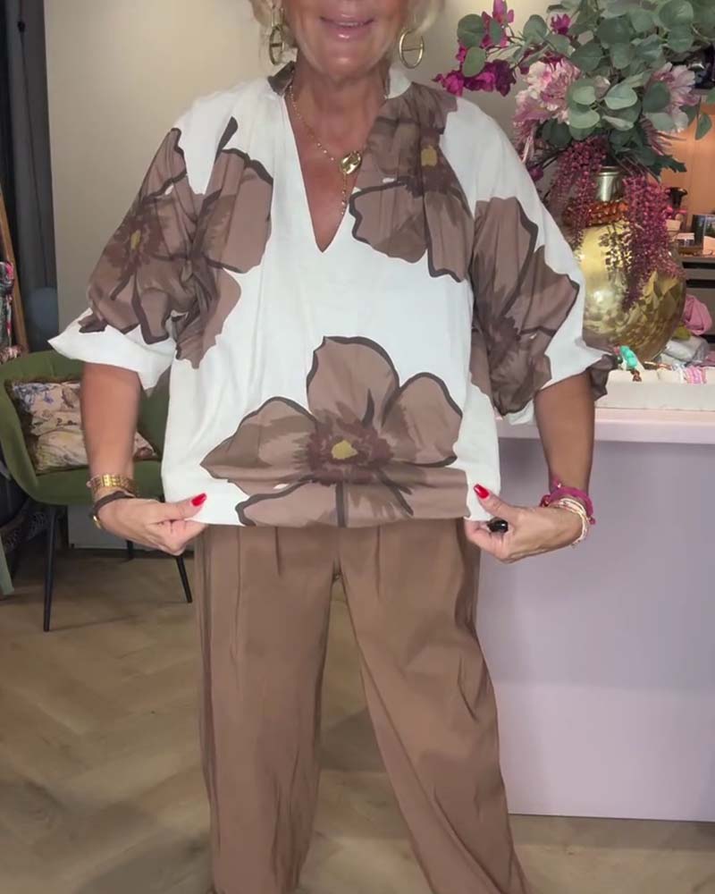 V-Neck Floral Mid-Length Sleeve Relaxed Blouse