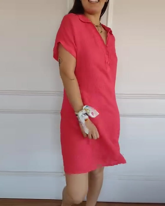 Button-Down Collar Short-Sleeved Solid Color Dress