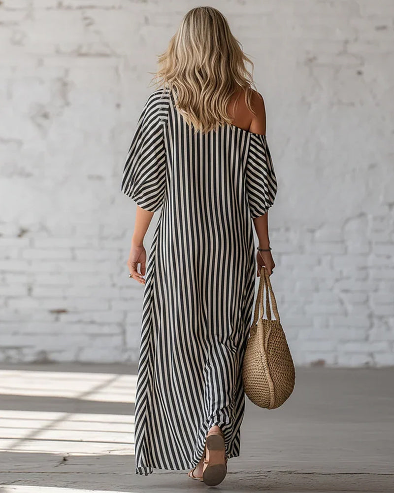 Off-The-Shoulder Striped Long Dress