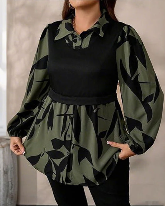 Fake Two-Piece Patchwork Leaf Print Top