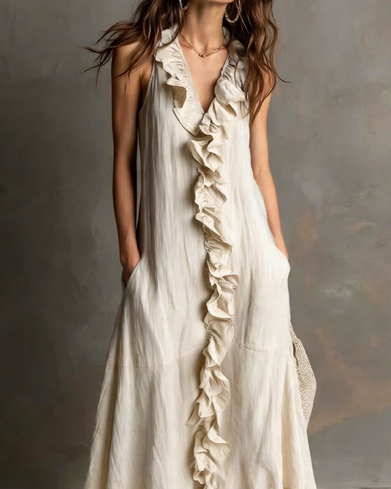 Ruffle V-Neck Pocket Sleeveless Dress