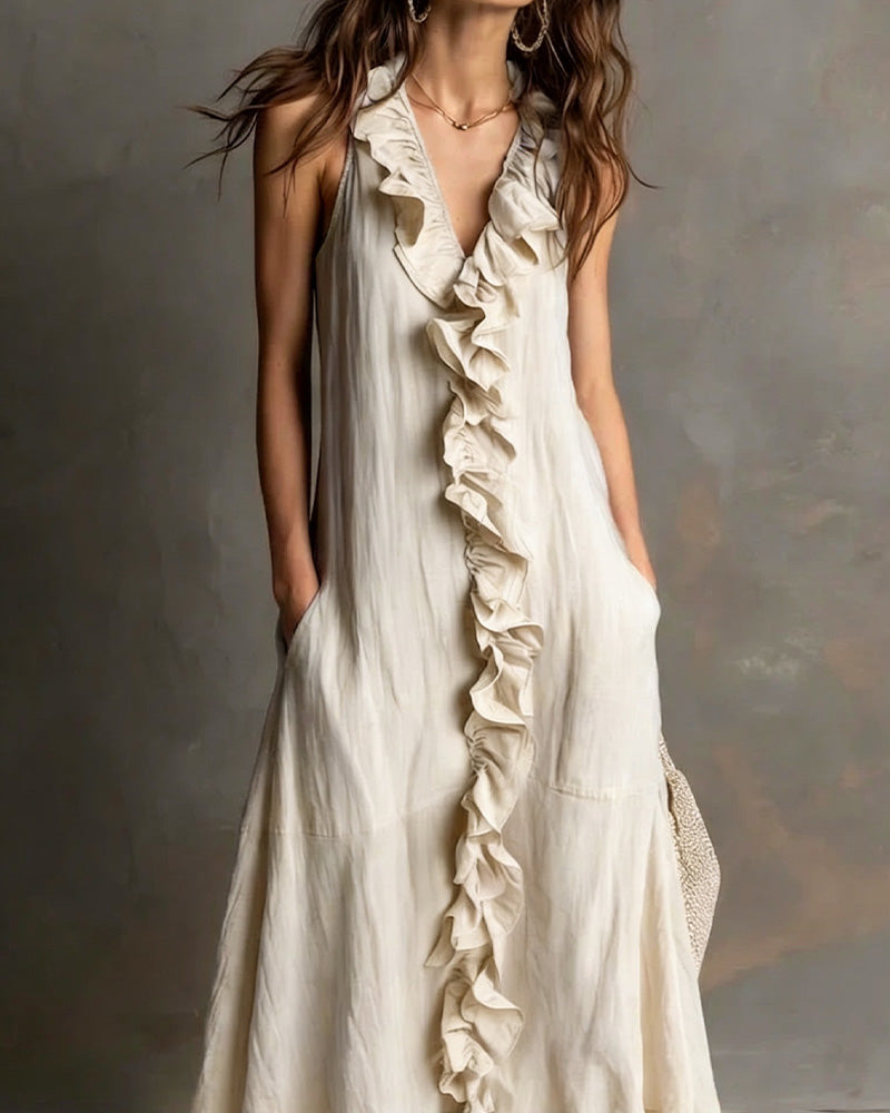 Ruffle V-Neck Pocket Sleeveless Dress