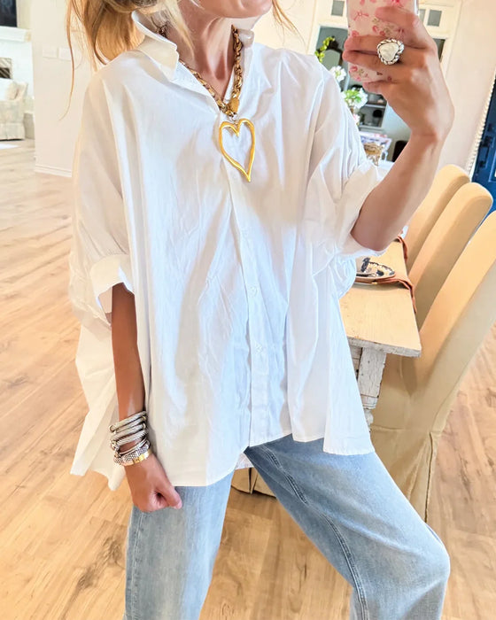 Loose-Fit Drop-Shoulder White Long-Sleeve Blouse