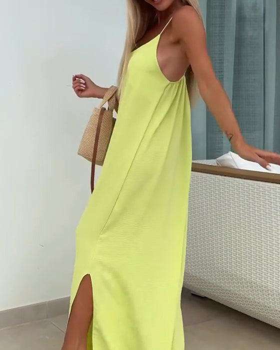 Round Neck Solid Color Suspender Dress