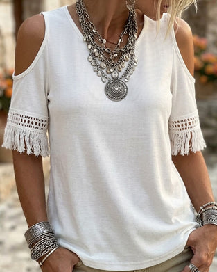 Off-Shoulder Fringe Short Sleeve T-Shirt