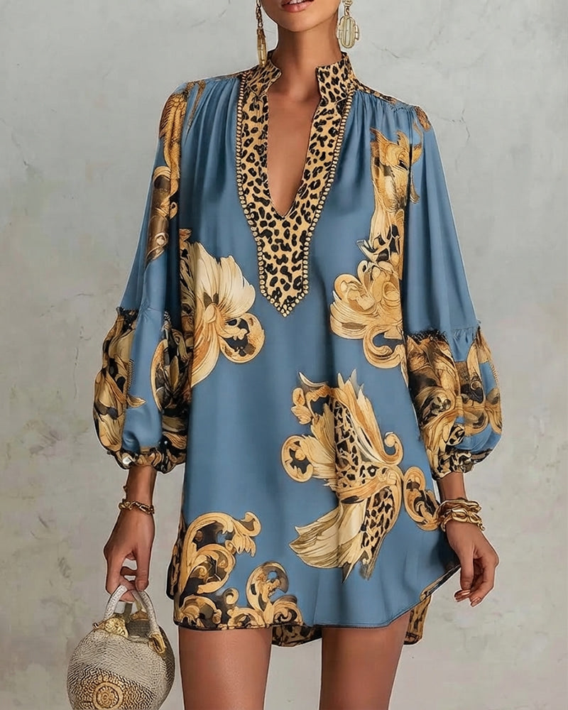 Leopard Lantern Sleeve Stand Collar Print Dress