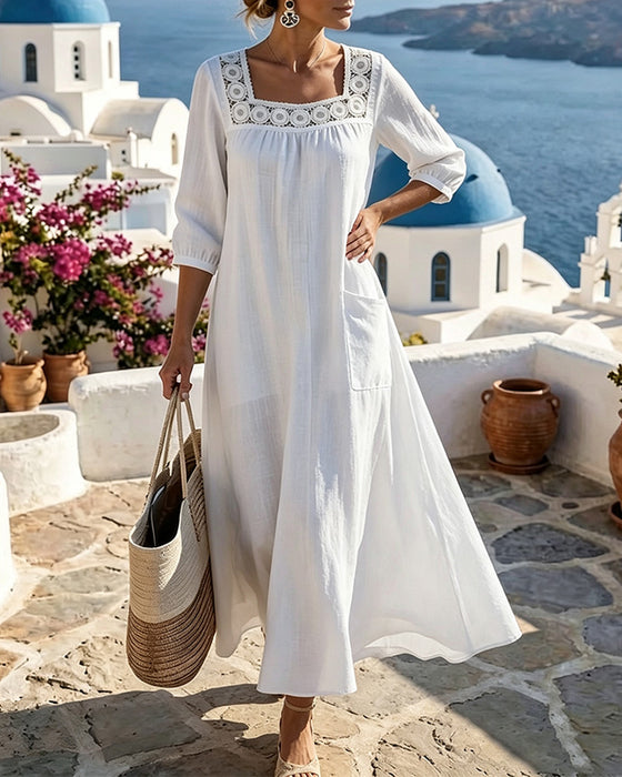 Square Neck Hollow Out Patch Pocket Solid Dress