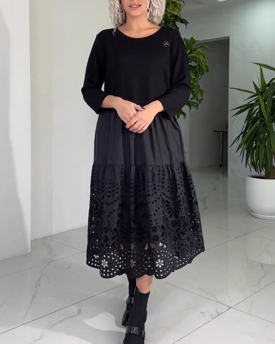 Hollow-Out Panelled Fashion Round Neck Dress