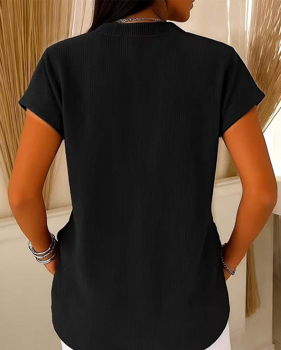 Solid Short Sleeve Zip Blouse