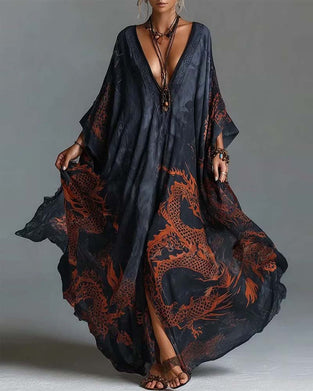 Red Dragon Pattern Bat Sleeve Deep V Dress