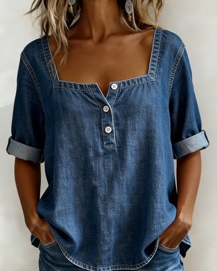 Square Neck Denim Half Sleeve Shirt
