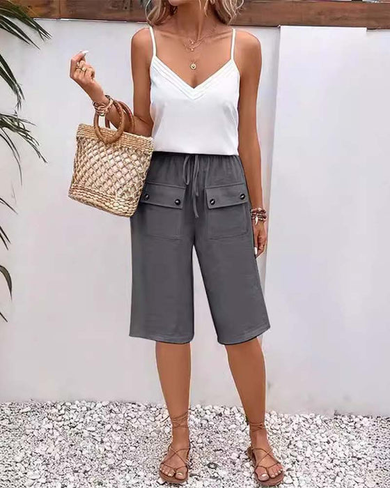 Casual solid color pocket half length trousers