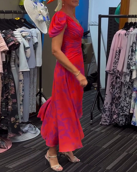 Pleated slit printed dress