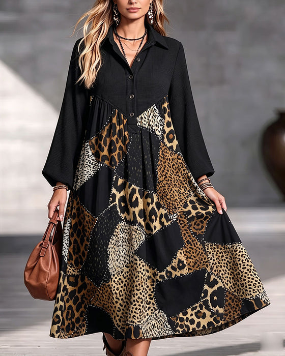 Leopard Color-Block Lapel Long Sleeve Dress