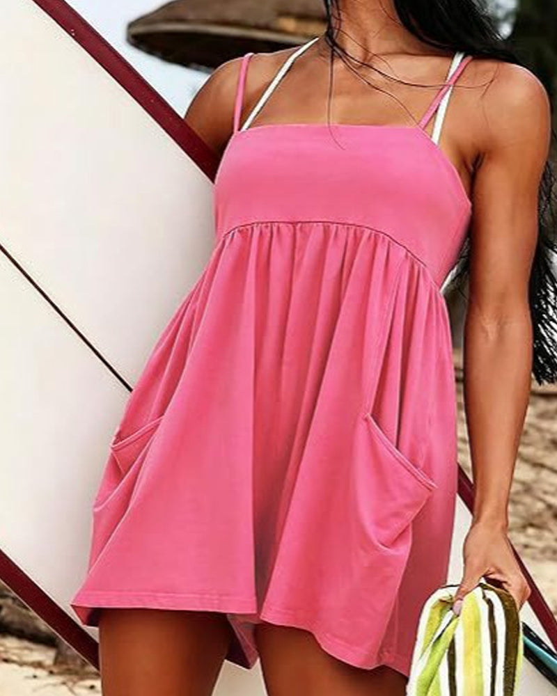 Solid Color Suspenders Wide Leg Jumpsuit