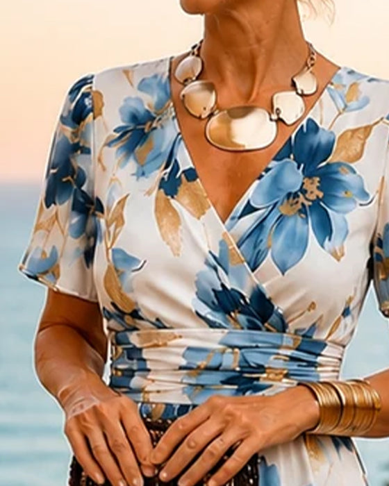 Ink-Wash Floral V-Neck Elegant Dress